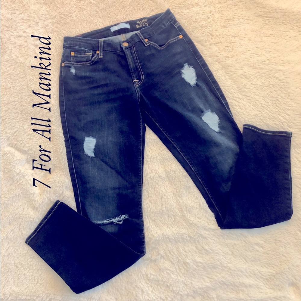 7 FOR ALL MANKIND - the Ankle Skinny ~ b(air) denim ~ Distressed in front.♥️🎉